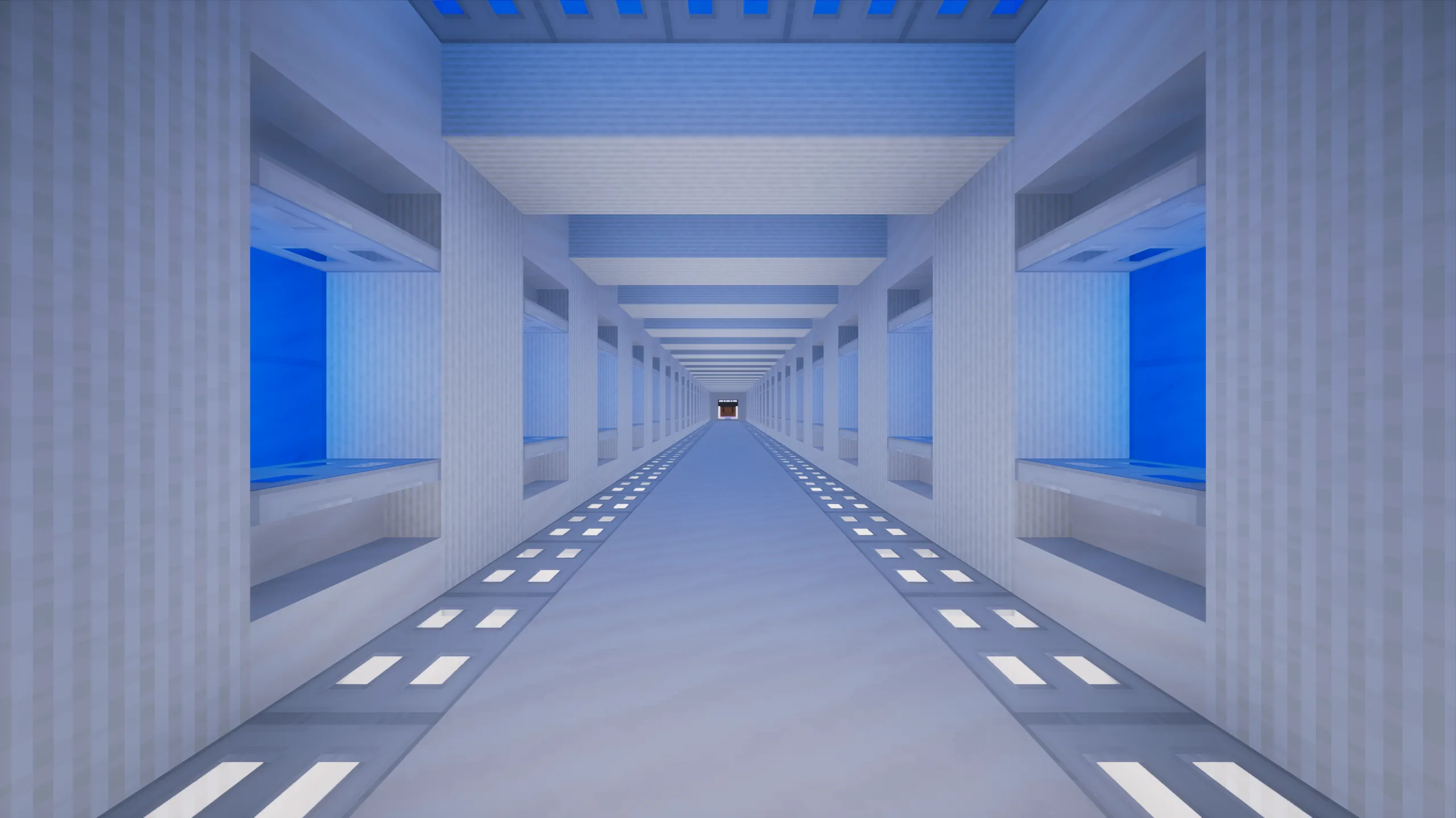 A long white sci-fi corridor