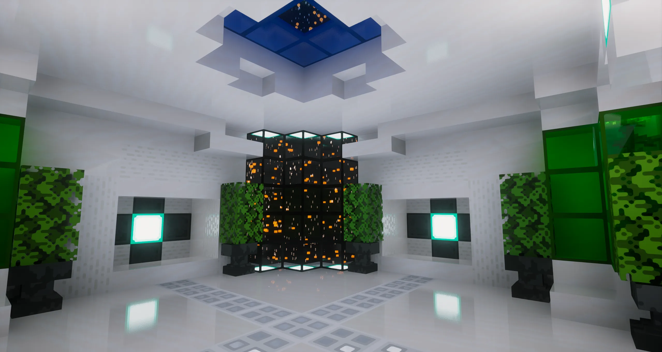 A white atrium around a glowing ore pillar