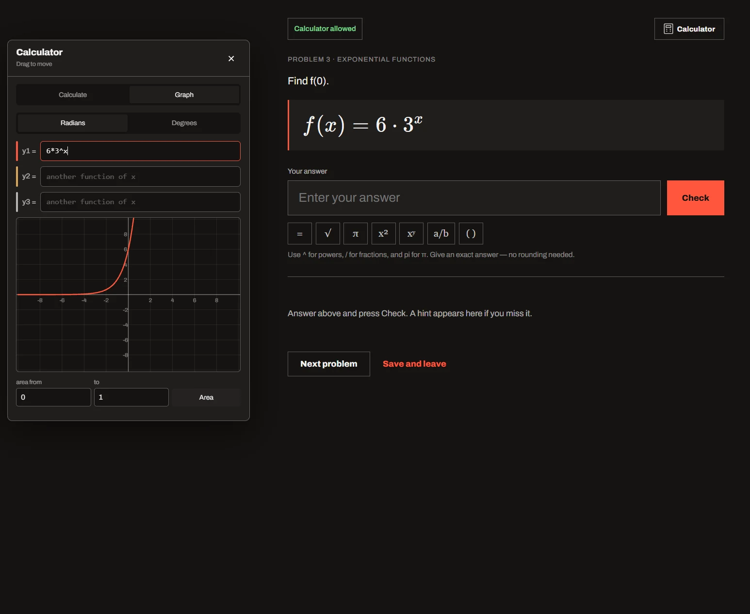 The calculator's Graph screen plotting an exponential function