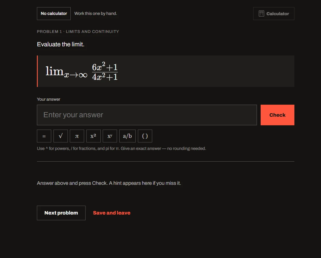 A limit problem rendered with KaTeX, with the answer toolbar