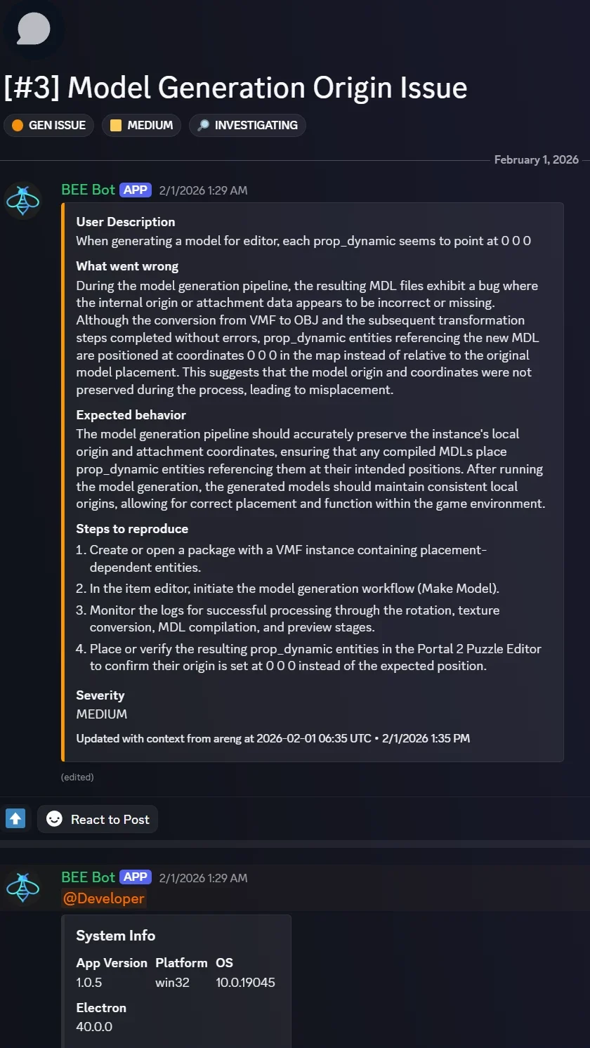 A BeePEE crash report triaged into a forum post: tagged, written up and filed with system info