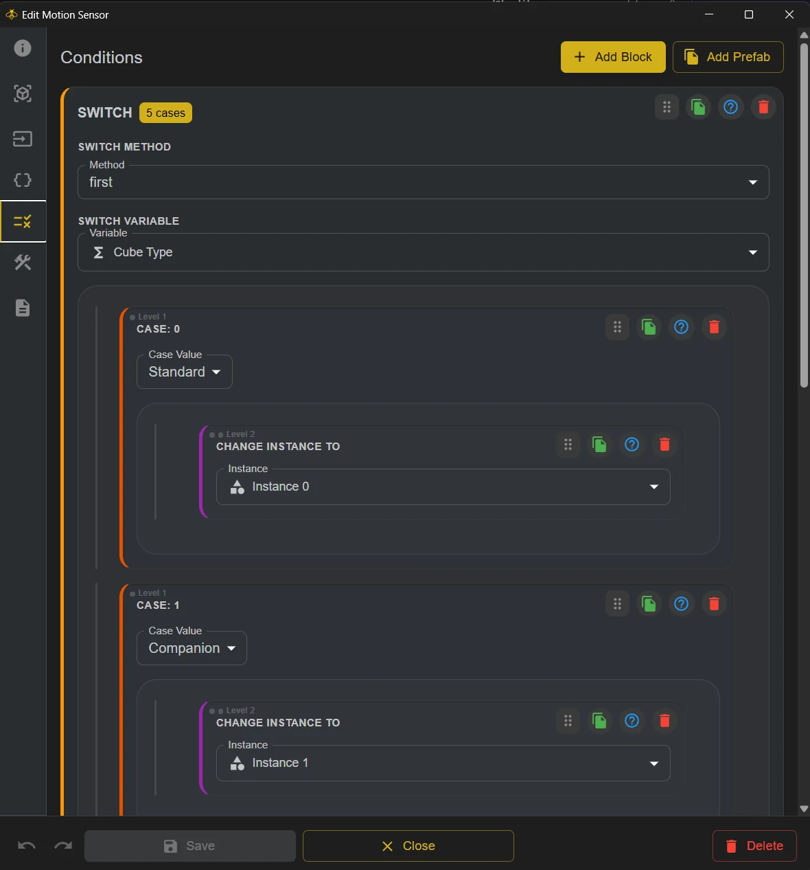 The drag-and-drop conditions editor: a switch on cube type changing the instance per case