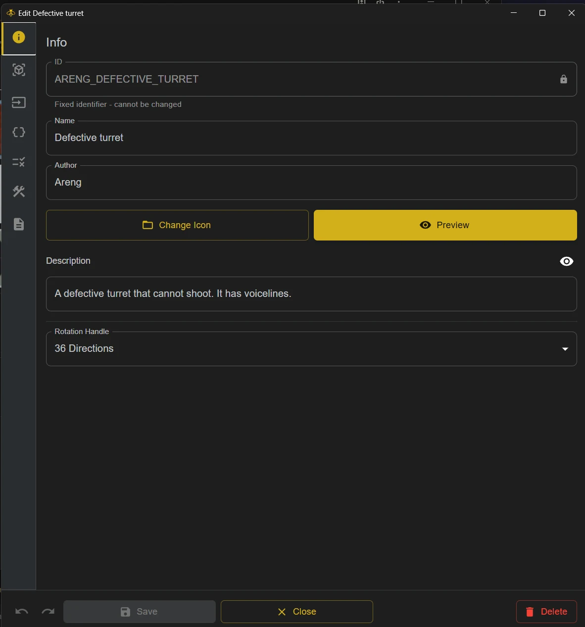Editing an item's info: ID, name, author, icon and description