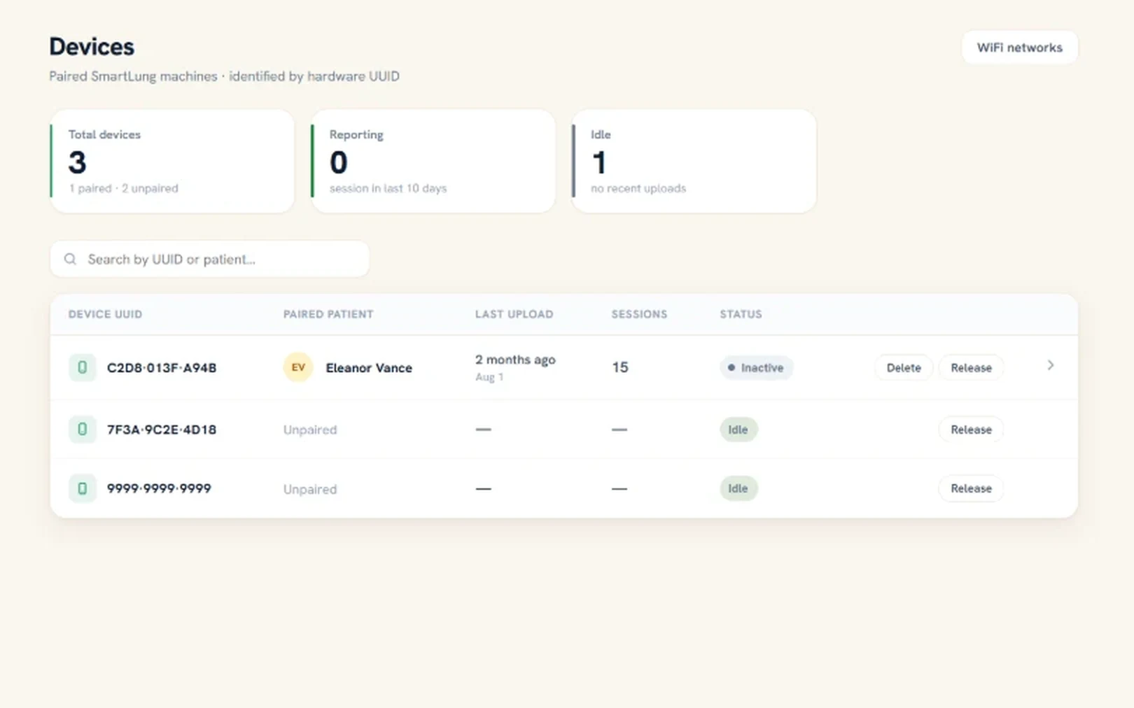 Clinician dashboard: paired devices by hardware UUID
