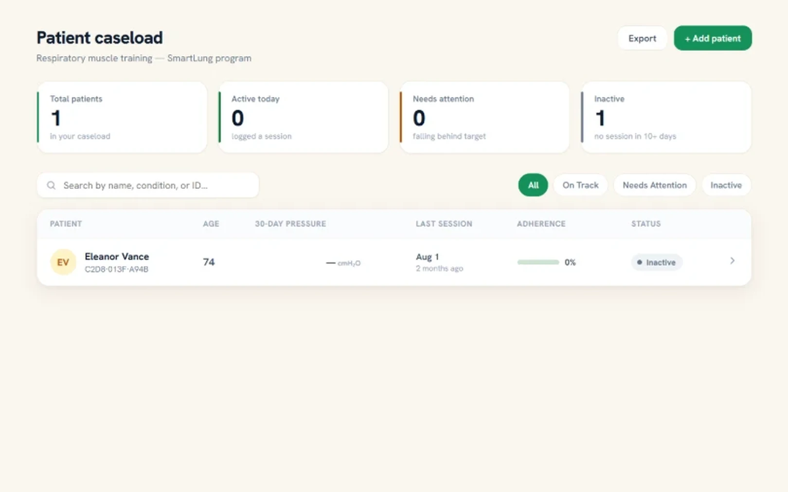 Clinician dashboard: the patient caseload with adherence and status