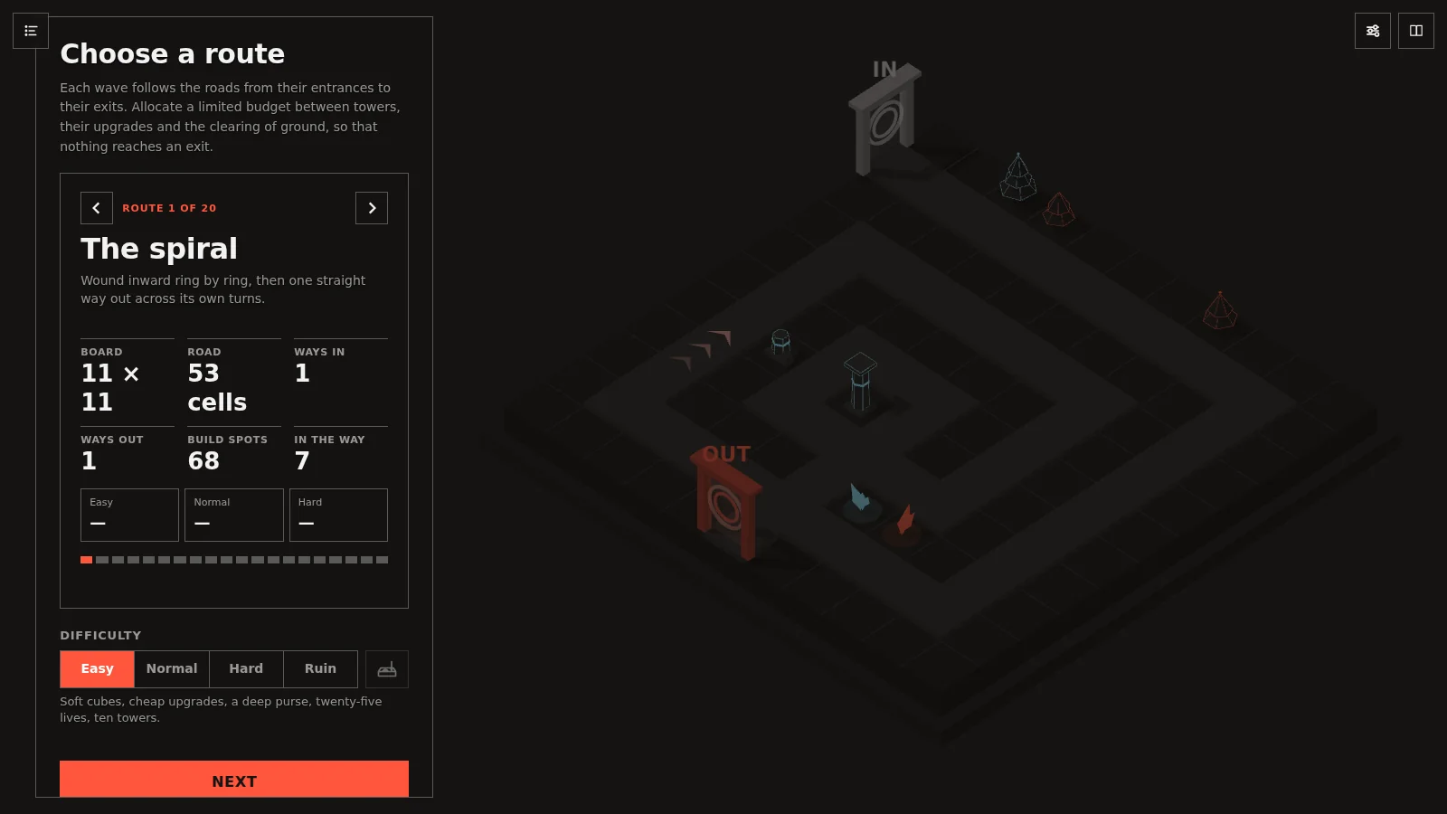 The route chooser, with board stats and difficulty
