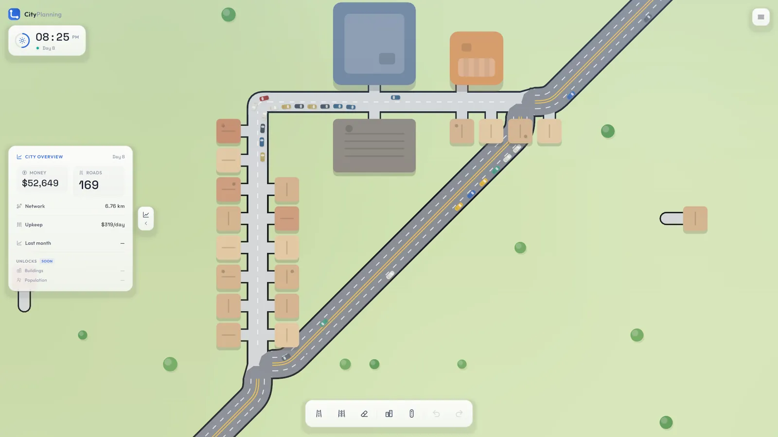Commuters driving between homes and an office, shop and factory