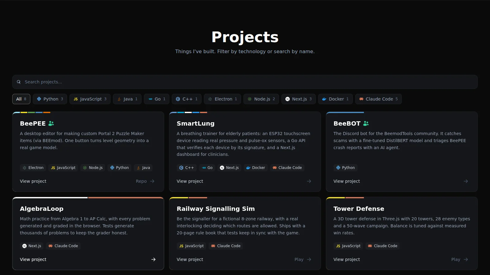The projects grid with tech filter chips